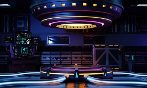Cyberpunk sci-fi product podium showcase in spaceship with yellow blue purp.. Stock Illustration