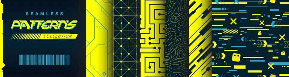 Cyberpunk Seamless Pattern Collection Set Stock Illustration