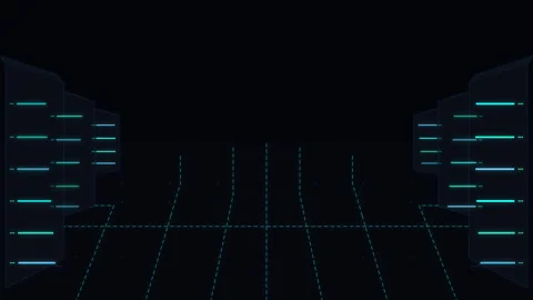 Cyberpunk server room tunnel motion graphic with neon blue grid lights Stock Footage 346545982