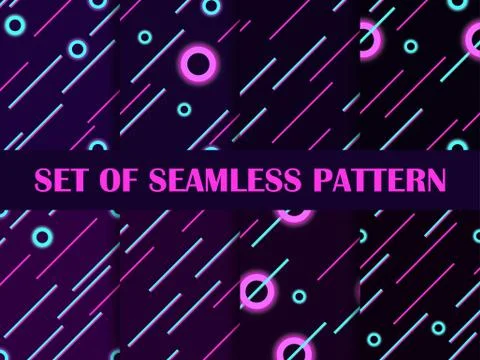 Cyberpunk set of seamless pattern. 80s retro sci-fi background. Neon round an Stock-Illustration