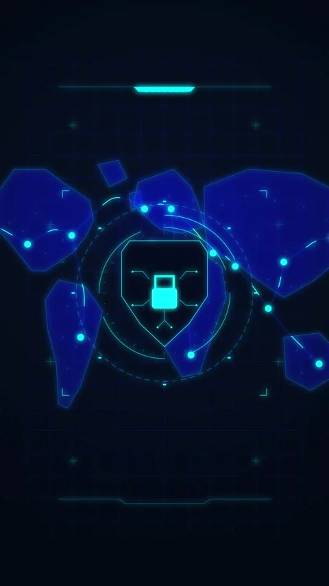 Cyberpunk shield lock motion graphic HUD display blue digital tech Stock Footage 346546734
