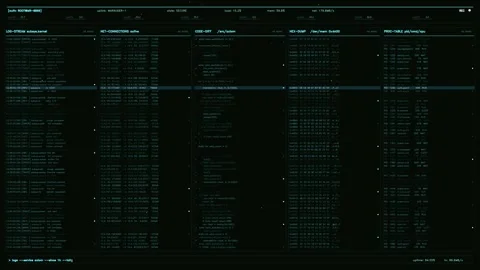 Cyberpunk System Dashboard with Real Time Kernel Logs and Process Monitoring Stock Footage 334637936