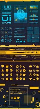 Cyberpunk Yellow HUD Elements Collection Icons Frames and Interface Parts Stock Illustration