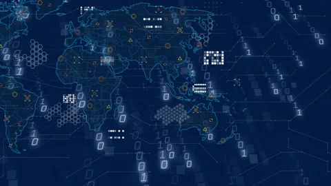 Cybersecurity 3D interface displaying world map, cascading binary digits, Stock Footage 307461985