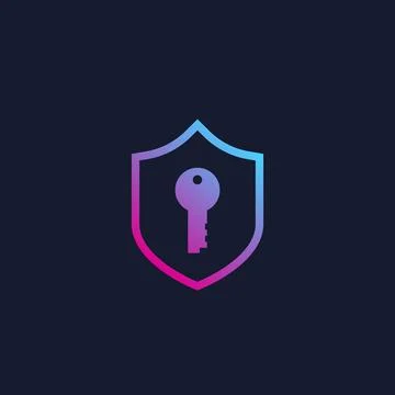 Cybersecurity, access and data protection, shield and key vector icon Illustrazione stock