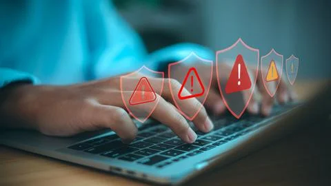 Cybersecurity Alert and Data Protection Warning on Laptop Computer Stock Photos