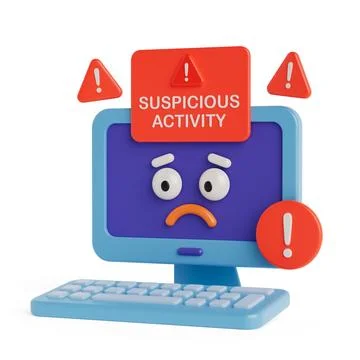Cybersecurity Alert Concept. Sad Computer Screen With Warning Signs And Sus.. Stock Illustration