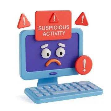 Cybersecurity Alert Concept. Sad Computer Screen With Warning Signs And Sus.. Stockillustratie