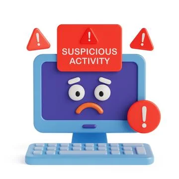 Cybersecurity Alert Concept. Sad Computer Screen With Warning Signs And Sus.. Stock Illustration