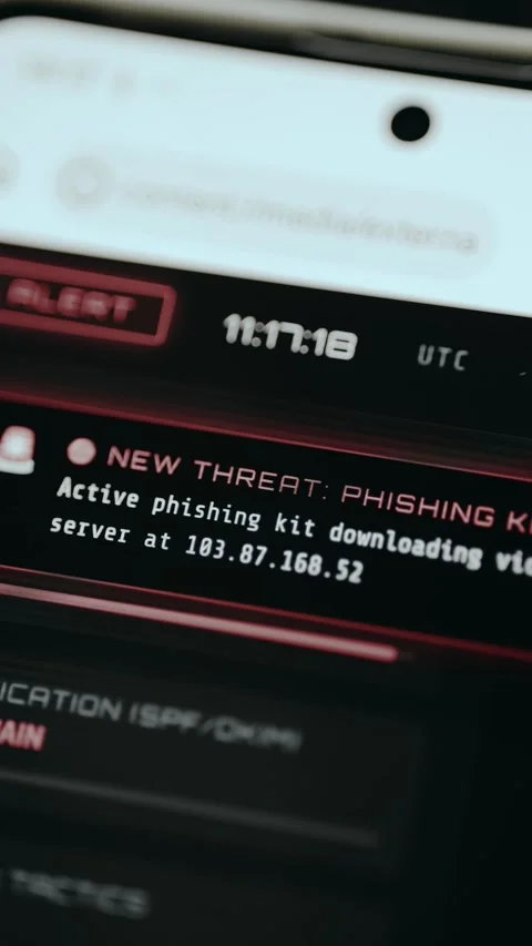 Cybersecurity alert indicating a phishing kit threat detected Stock Footage 332893572