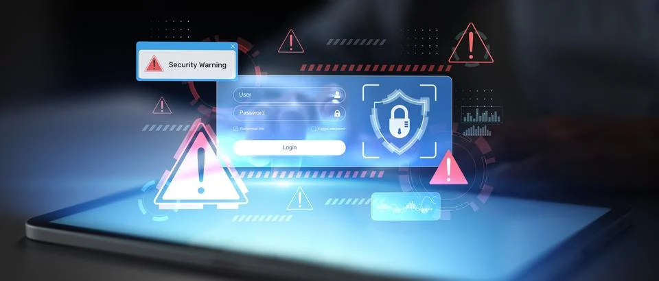 Cybersecurity Alert with Secure Login Screen and Digital Threat Warnings. Stock Photos