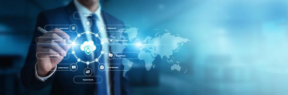 Cybersecurity analyst tracking threat detection firewalls pointing toward C.. Stock Photos