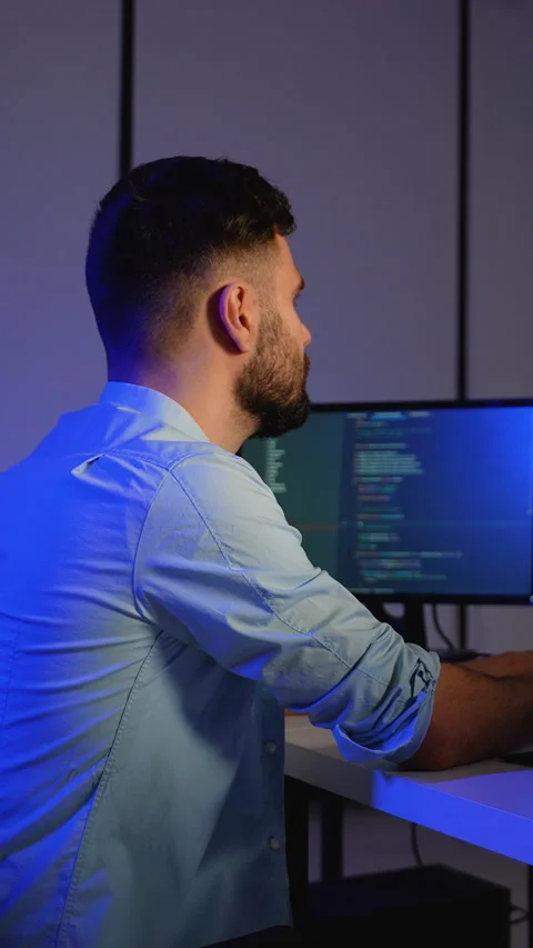 Cybersecurity analyst working on code and system monitoring Stock Footage 305022317