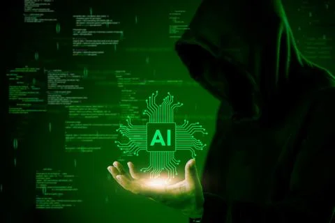 Cybersecurity and AI hacking concept. A hooded hacker controls artificial i.. Stock Photos