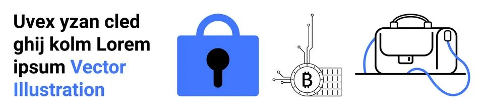 Cybersecurity and Blockchain Solutions Lock, Bitcoin Network, and Secure Br.. Stock Illustration
