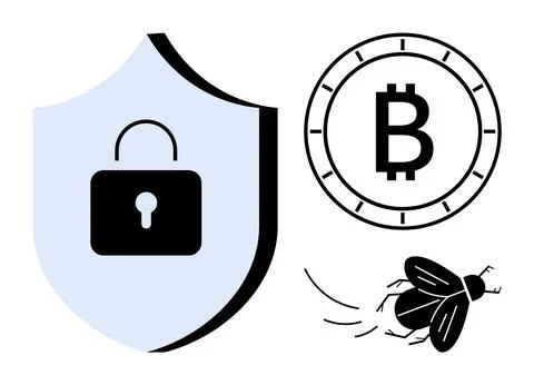 Cybersecurity and Cryptocurrency Shield with Lock, Bitcoin Symbol, and Bug 스톡 일러스트