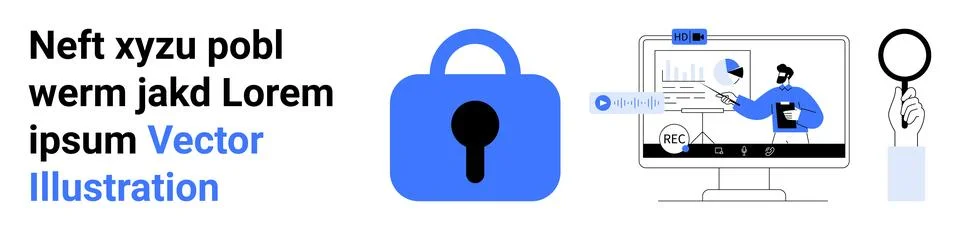 Cybersecurity and Data Analysis with Computer Screen and Magnifying Glass Illustrazione stock