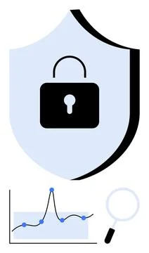 Cybersecurity and Data Analysis Shield, Lock, Graph, and Magnifying Glass Stock Illustration