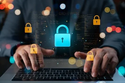 Cybersecurity and data encryption concept showing user typing on keyboard w.. Stock Photos