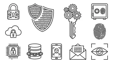 Cybersecurity and data privacy line icon set with lock, shield, key, finger.. Stock Illustration