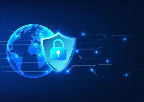 Cybersecurity and Data Privacy Technology. The inner shield has a lock. On .. Stockillustratie