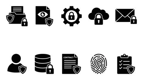 Cybersecurity and data protection black icon set featuring files, folders, .. Stock Illustration