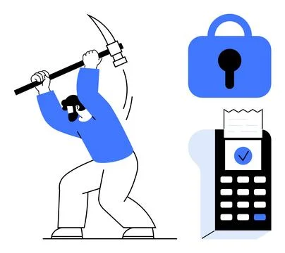 Cybersecurity and Data Protection Concept with Miner and Secure Payment Illustrazione stock