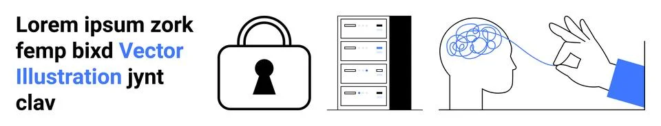 Cybersecurity and Data Protection Concept with Lock, Server, and Brain Elemen Stock Illustration