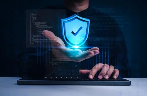 Cybersecurity and data protection concept with digital shield and checkmark.. 库存照片