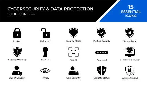 Cybersecurity and data protection flat icon set for digital security interfac Stock Illustration