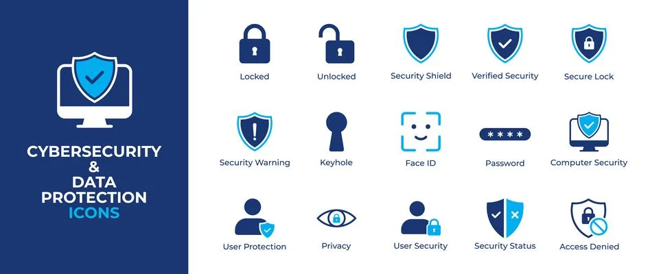 Cybersecurity and data protection flat vector icon set for digital security.. Stock Illustration