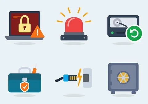 Cybersecurity and data protection flat icon set with ransomware laptop, alarm Stock Illustration