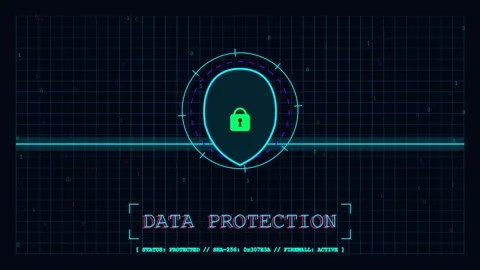 Cybersecurity and data protection hud interface with digital lock shield an.. Stockbeeldmateriaal 347147355