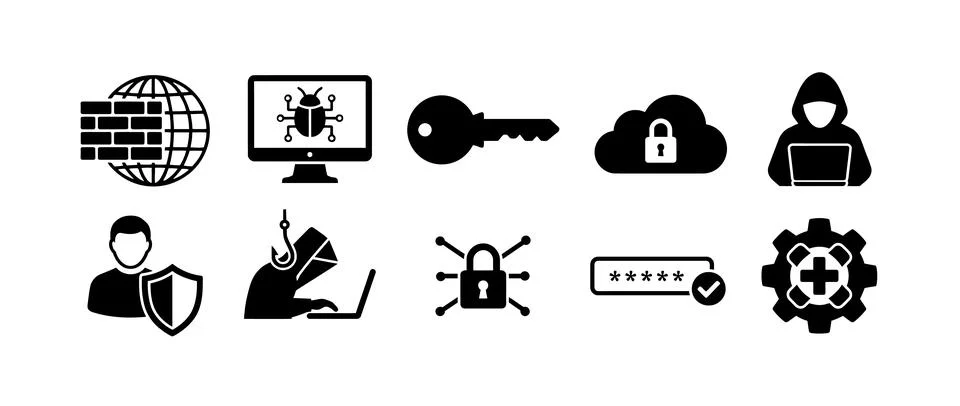 Cybersecurity and data protection icon set. Includes symbols for firewall, .. Stockillustratie