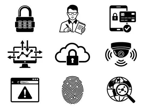 Cybersecurity and data protection icons set: padlock, analyst, credit card .. Stock Illustration