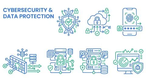 Cybersecurity and data protection linear icon set for business infrastructure Stock Illustration