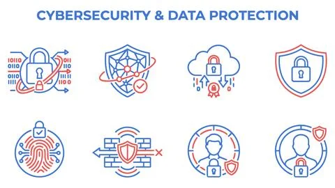 Cybersecurity and data protection minimalist line art icon collection Stock Illustration