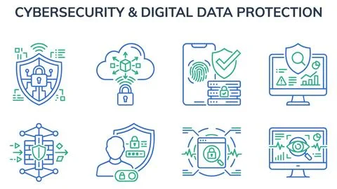 Cybersecurity and digital data protection technology icon set with cybersec.. Stock Illustration
