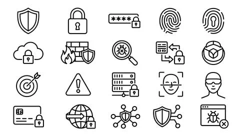 Cybersecurity and Digital Protection Outline Icon Collection Stock Illustration