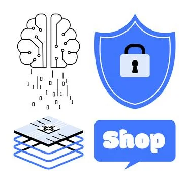 Cybersecurity and E-commerce Brain, Shield with Lock, Circuit Layers, and S.. Stock Illustration