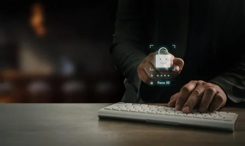 Cybersecurity and face ID authentication concept, businessman using biometr.. Foto stock