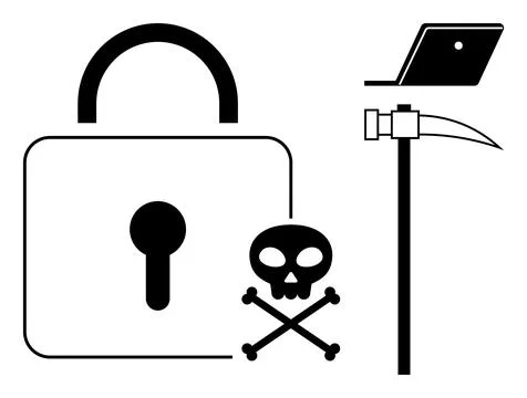 Cybersecurity and Hacking Concept with Padlock, Skull, and Laptop Elements Ilustración de archivo