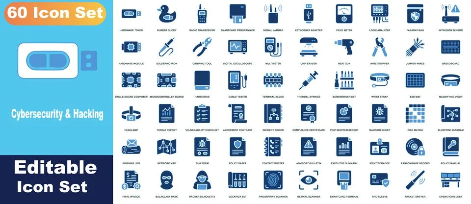Cybersecurity and hacking icon sheet, 60 blue icons featuring hardware tool.. Stock Illustration
