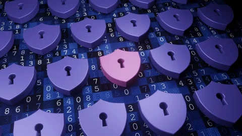 Cybersecurity and information network protection. Blinking alarm shields, int Stock Footage 123451250