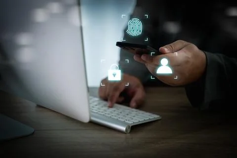 Cybersecurity and mobile authentication concept, businessman using smartpho.. Fotos Stock