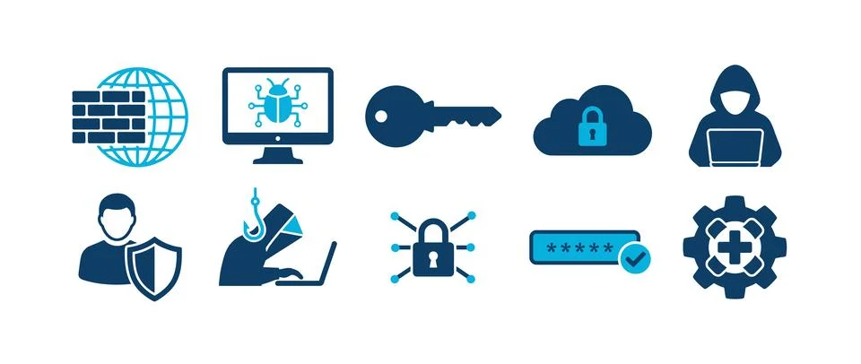 Cybersecurity and Network Protection solid icon set. Containing icons relat.. Stock Illustration