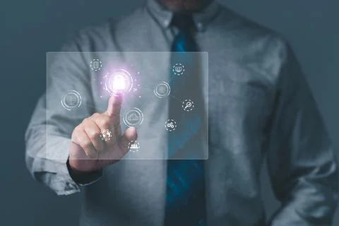 Cybersecurity and privacy concepts to protect data. Businessman touching to.. Foto stock