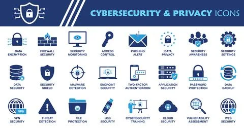 Cybersecurity and Privacy Icon Set. Collection of Cloud, Firewall, Network .. Stock Illustration