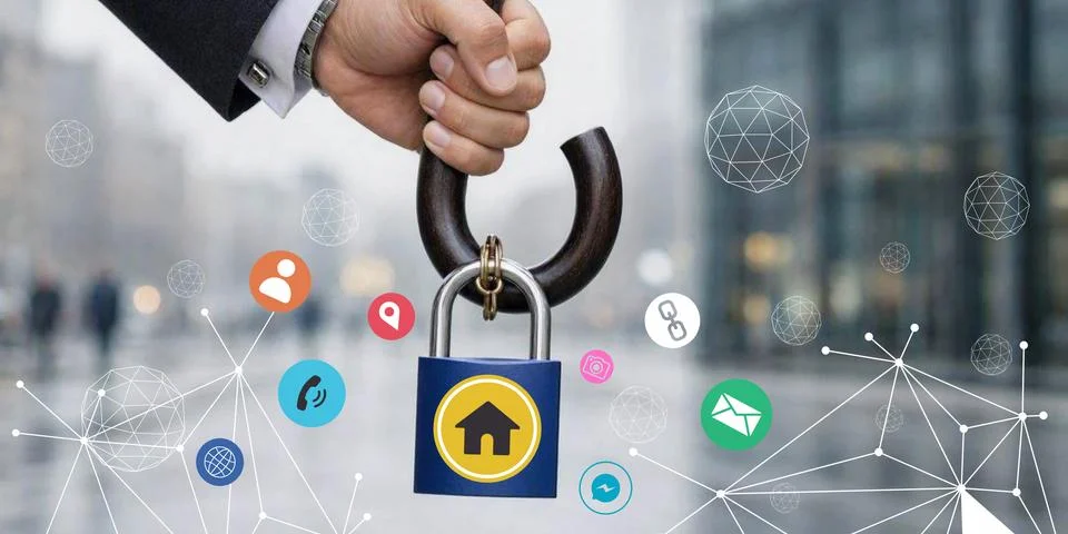 Cybersecurity and protecting digital network connections with a hand holding Stock Illustration