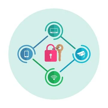 Cybersecurity and Secure Networking Flat Illustration with Lock, Key イラスト素材